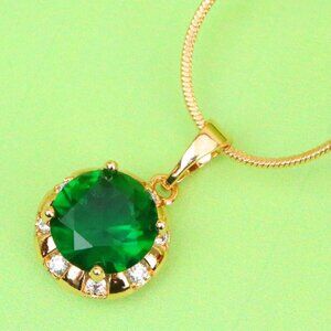 "Elegant Green Round Pendant with Crystal Border in Gold Finish, XPPT1649